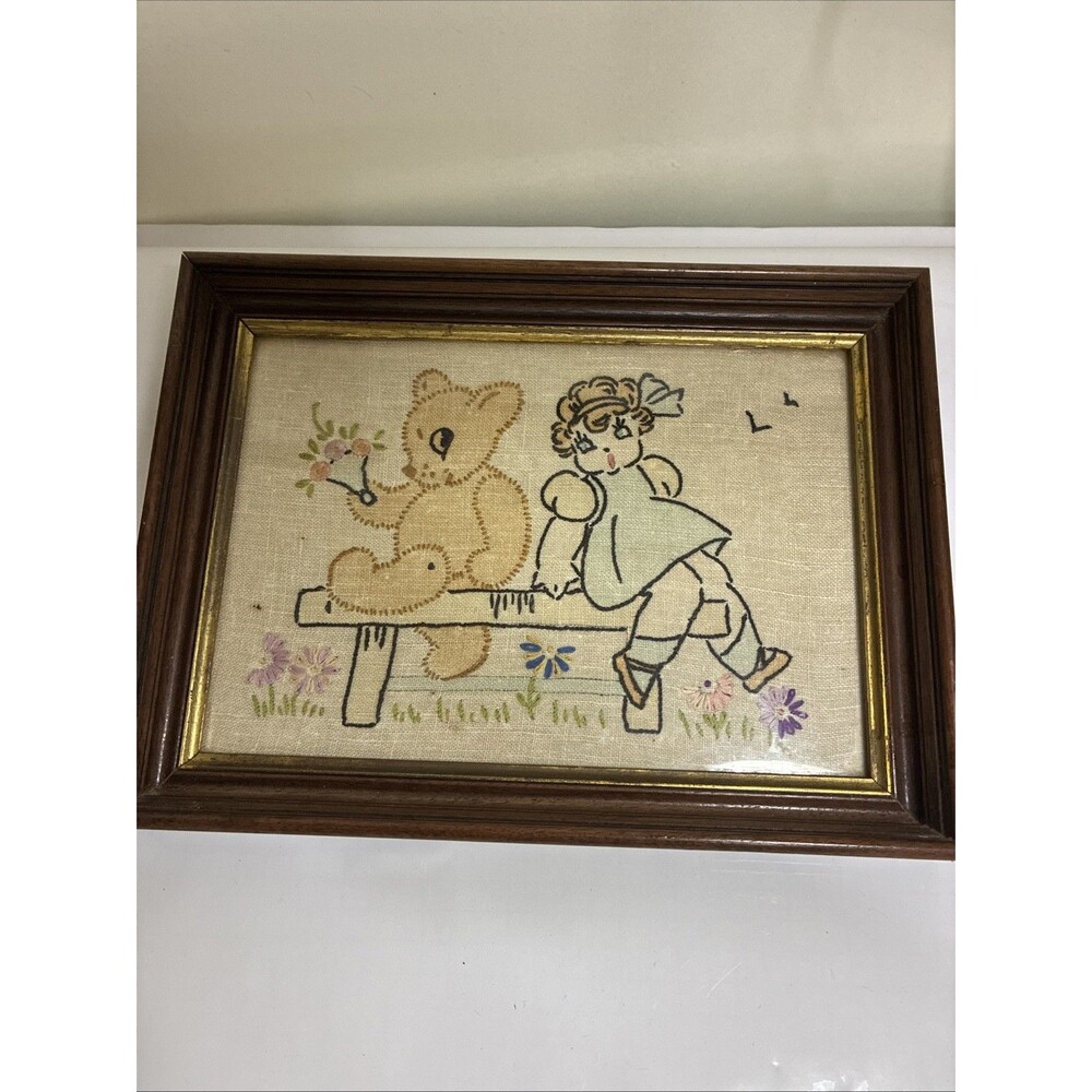 Vintage Linen Hand Stitched Needlework Blonde Girl & Bear Sitting On Fence Frame
